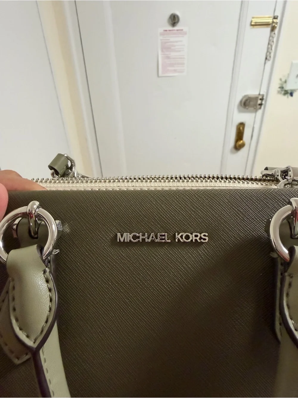 MK Olive Green Two-Tone Women's Satchel with Crossbody Strap
